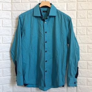 Bespoke‎ turquoise navy print men’s button down